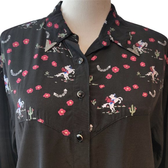 Desert West Womens Black Western Rodeo Horse Cacti Floral L/S Button Up Top S - Picture 4 of 11